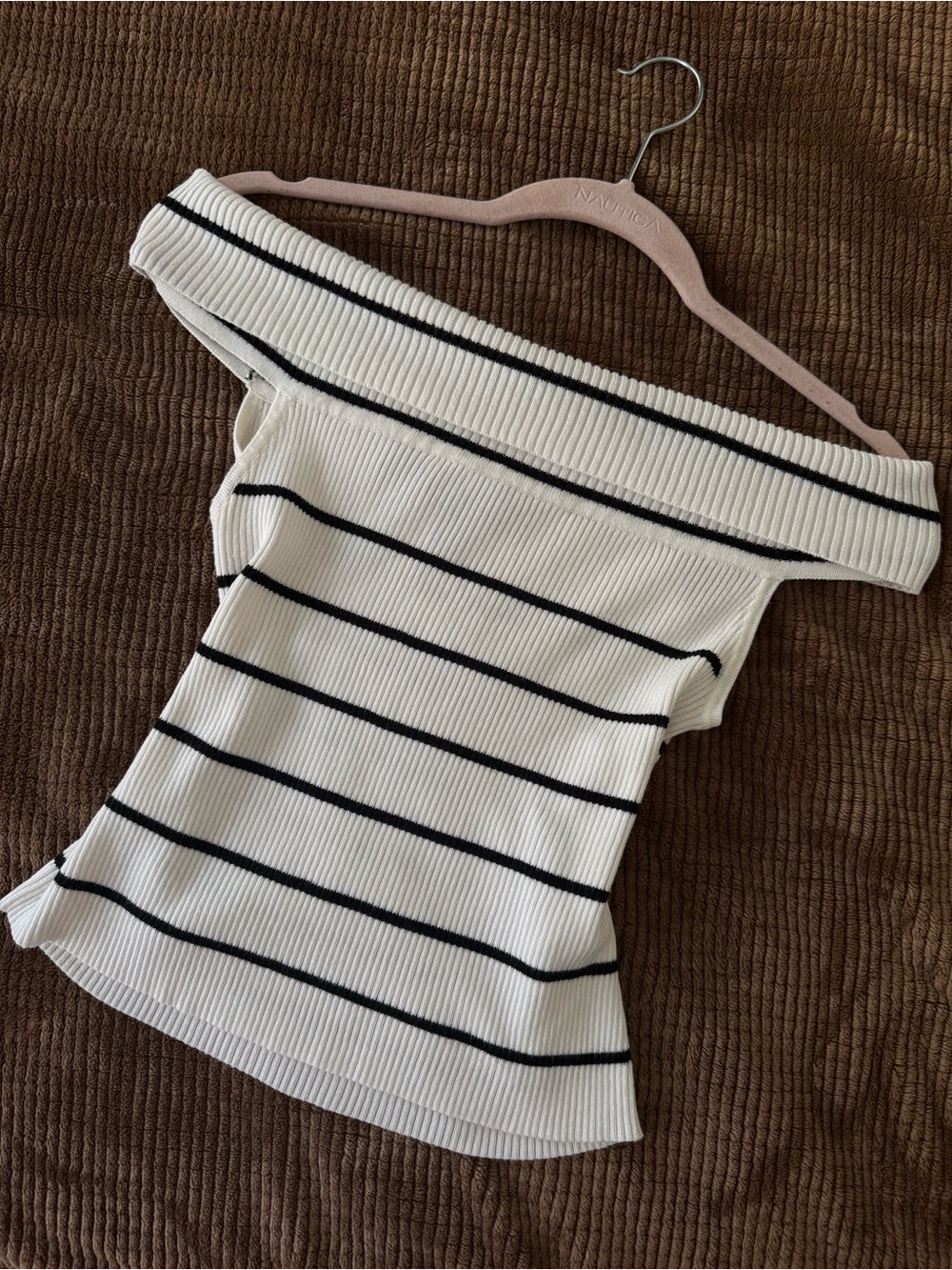 Off-Shoulder Ribbed Stripe Top - White with Black Stripes